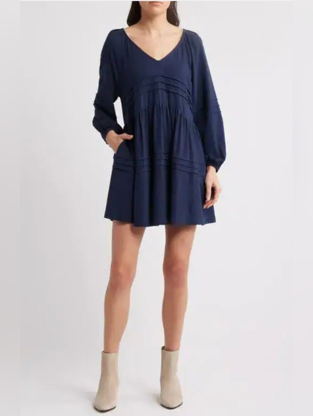 Treasure and Bond Pintuck Longsleeve Mini Dress w/ Pockets